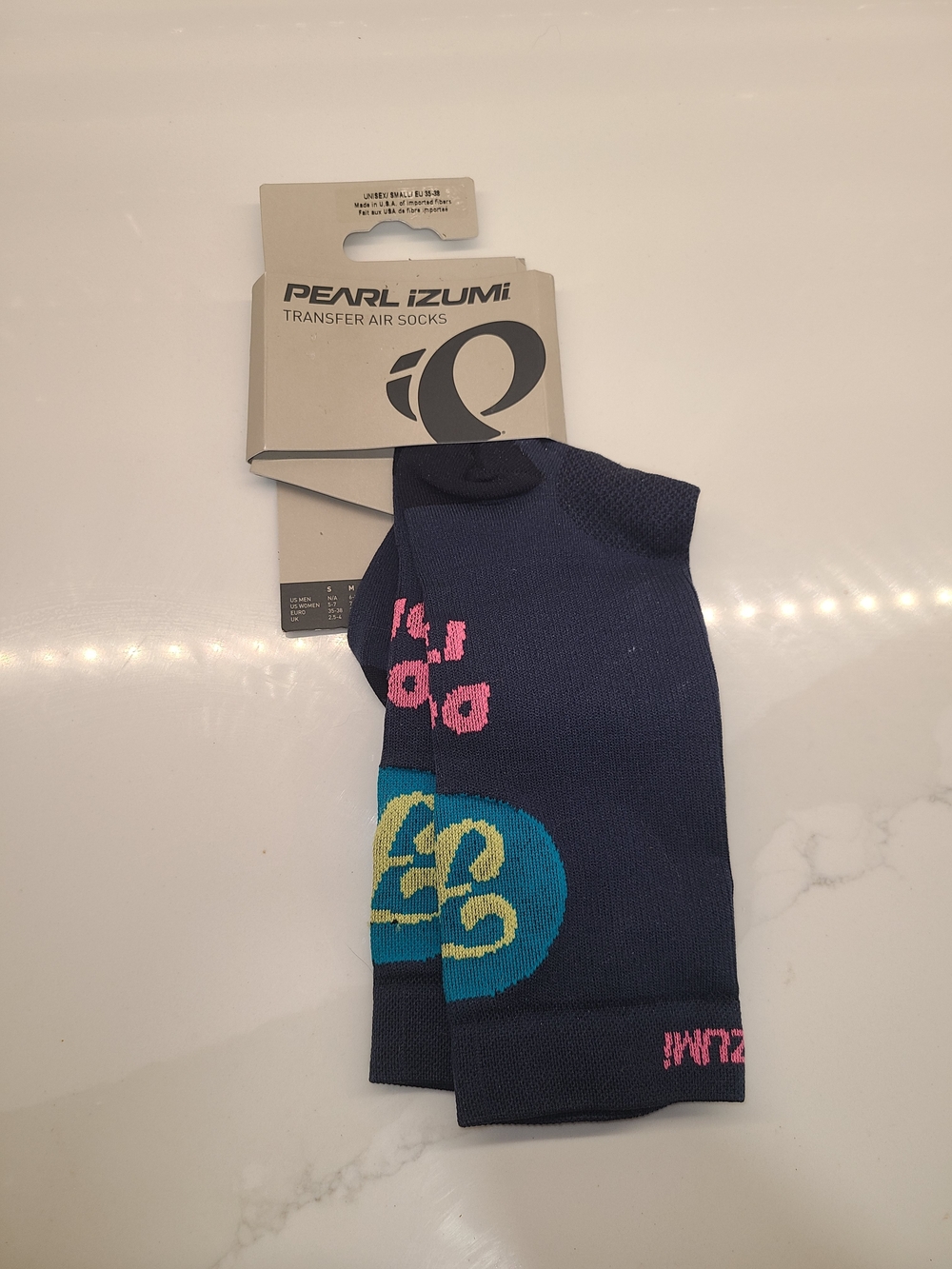 Pearl Izumi Navy Transfer Air Athletic Socks with Pink & Teal Logos Small